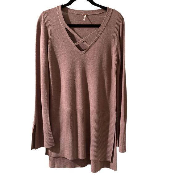 Free People Women's Criss Cross Hi-low Long Line Knit Tunic Sweater Mauve Small - Picture 2 of 8